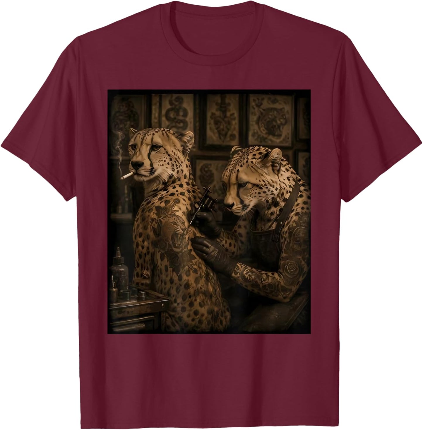 Retro Cheetah Smoking Tattoo Artist Funny Wild Animal Meme T-Shirt - T-Shirt | Maroon