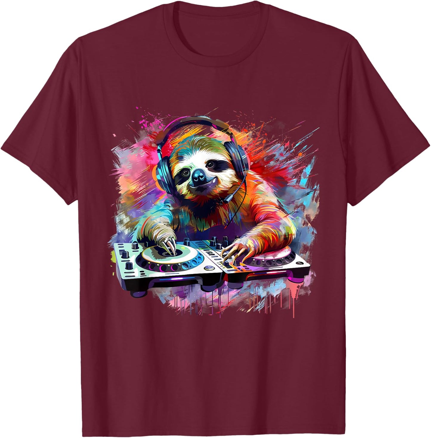 Sloth DJ Techno EDM Music Producer Turntable DJ Sloth House , black T-Shirt - T-Shirt | Maroon