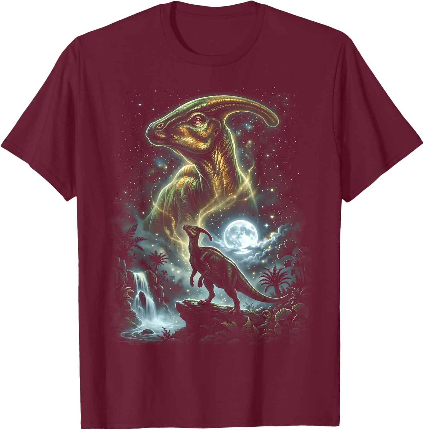 Parasaurolophus Dinosaur Howling At The Moon T-Shirt - T-Shirt | Maroon