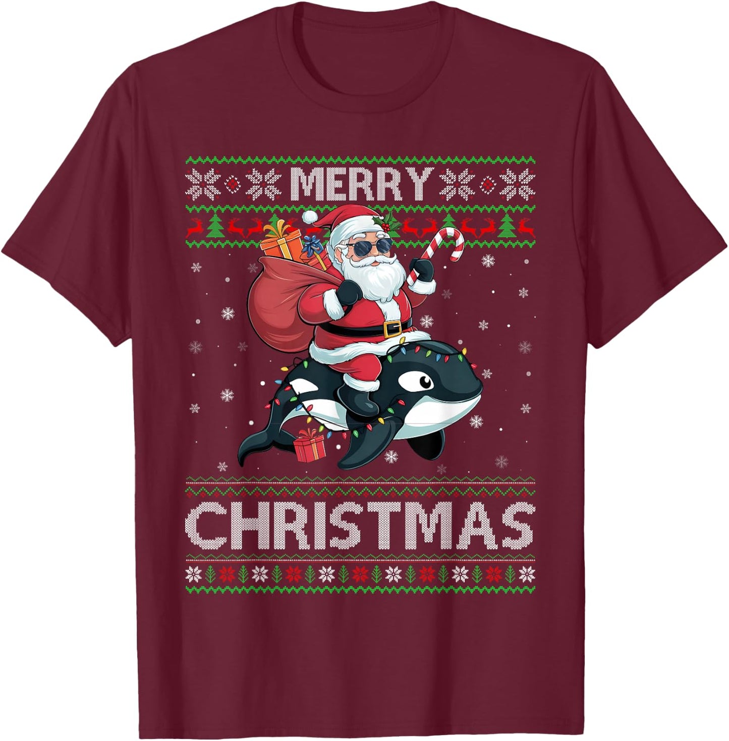 Ugly Xmas Sweater Style Santa Riding Orca Christmas T-Shirt - T-Shirt | Maroon