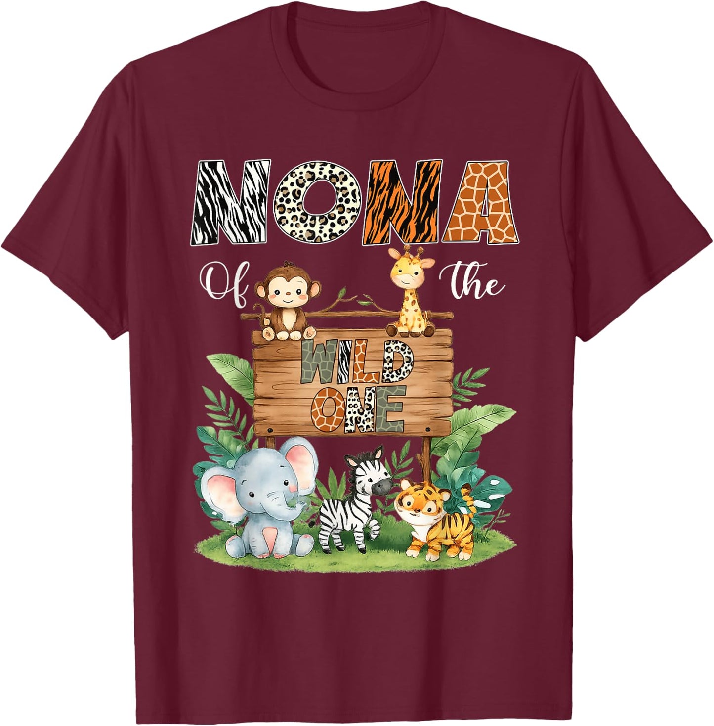 Nona of The Wild One 1St Birthday Kids Safari Jungle T-Shirt - T-Shirt | Maroon