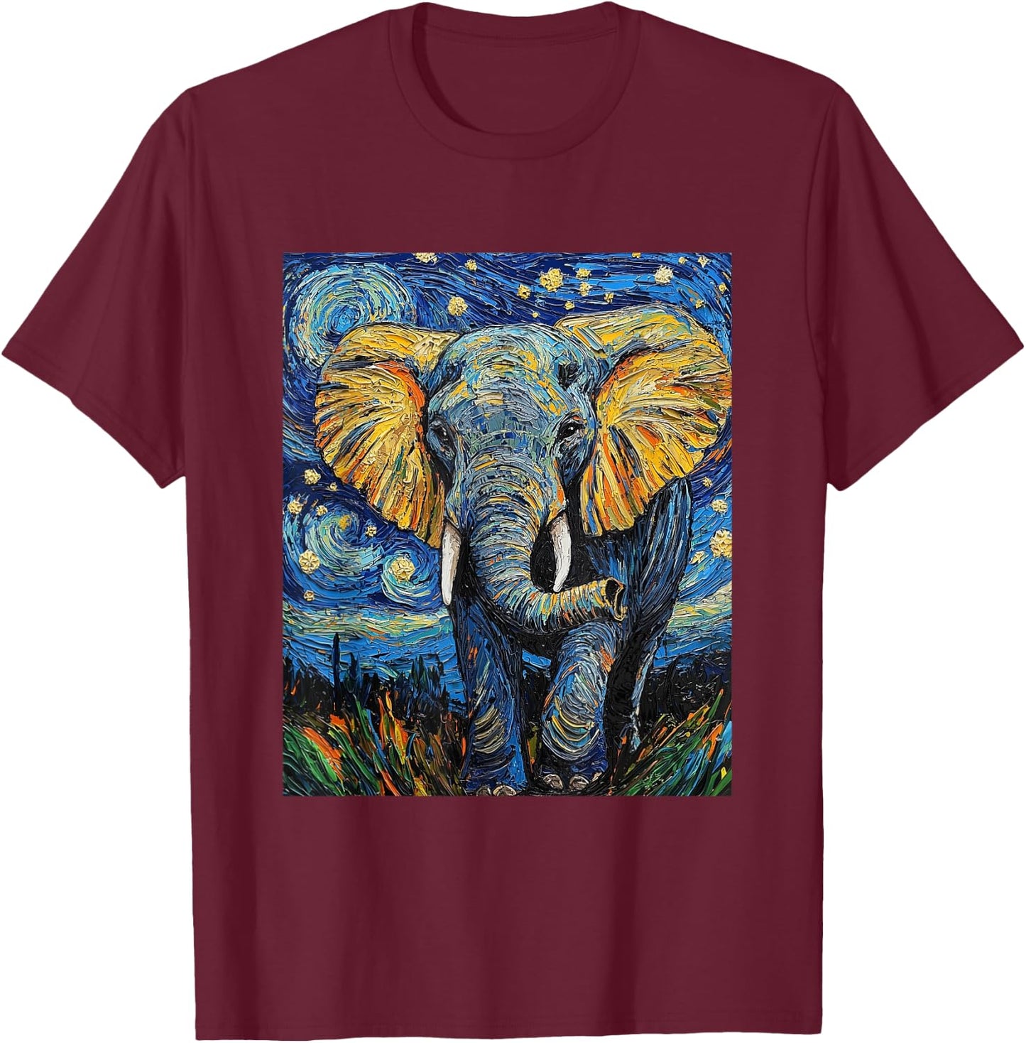 Cute Elephant Africa - Van Gogh Style - Starry Night T-Shirt - T-Shirt | Maroon