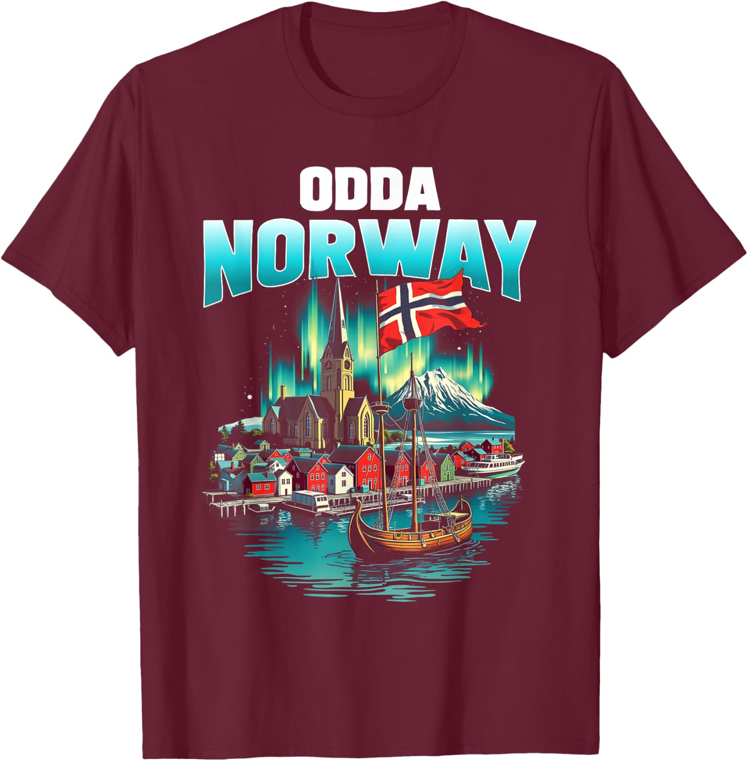 Odda Norway Flag Travel Souvenir Norwegian T-Shirt - T-Shirt | Maroon