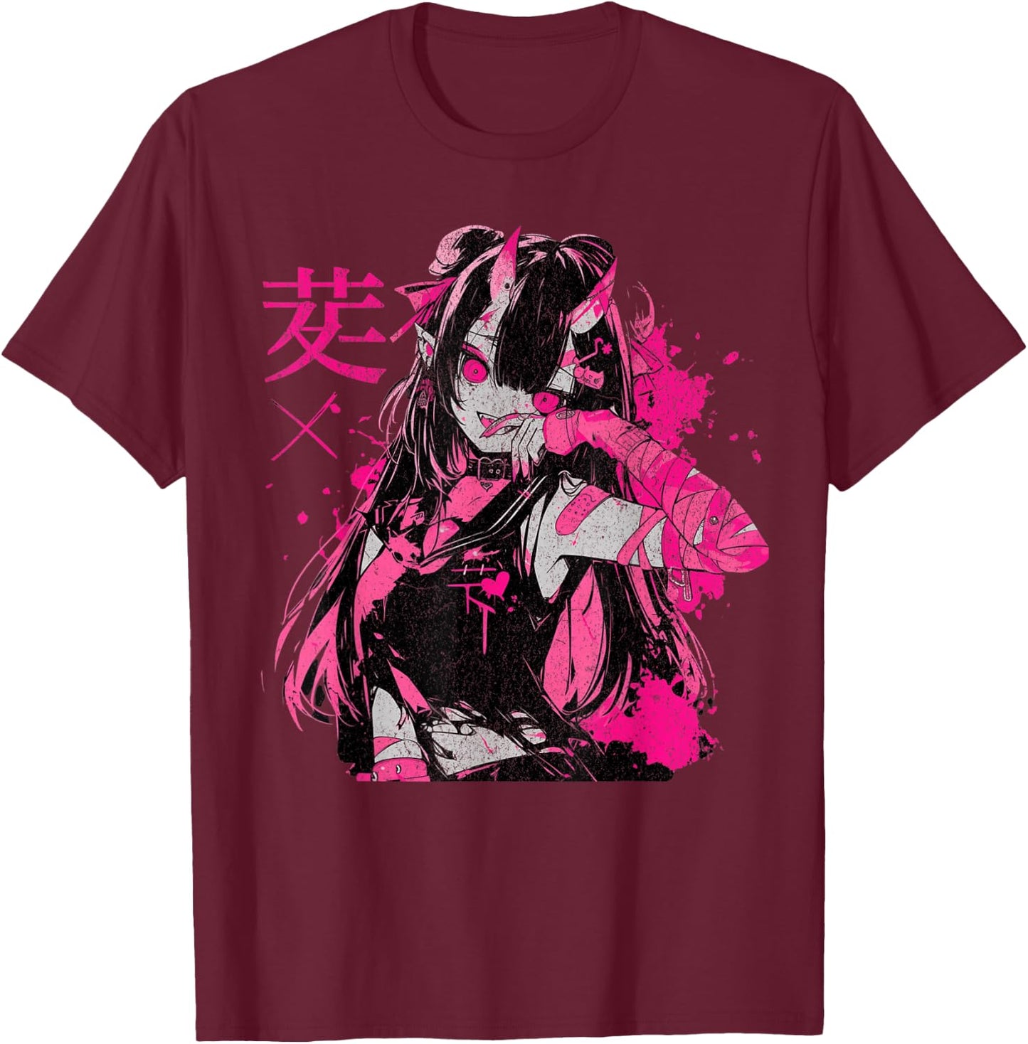 Goth Grunge Demon Anime Girl Waifu Horror Old Aesthetic T-Shirt - T-Shirt | Maroon