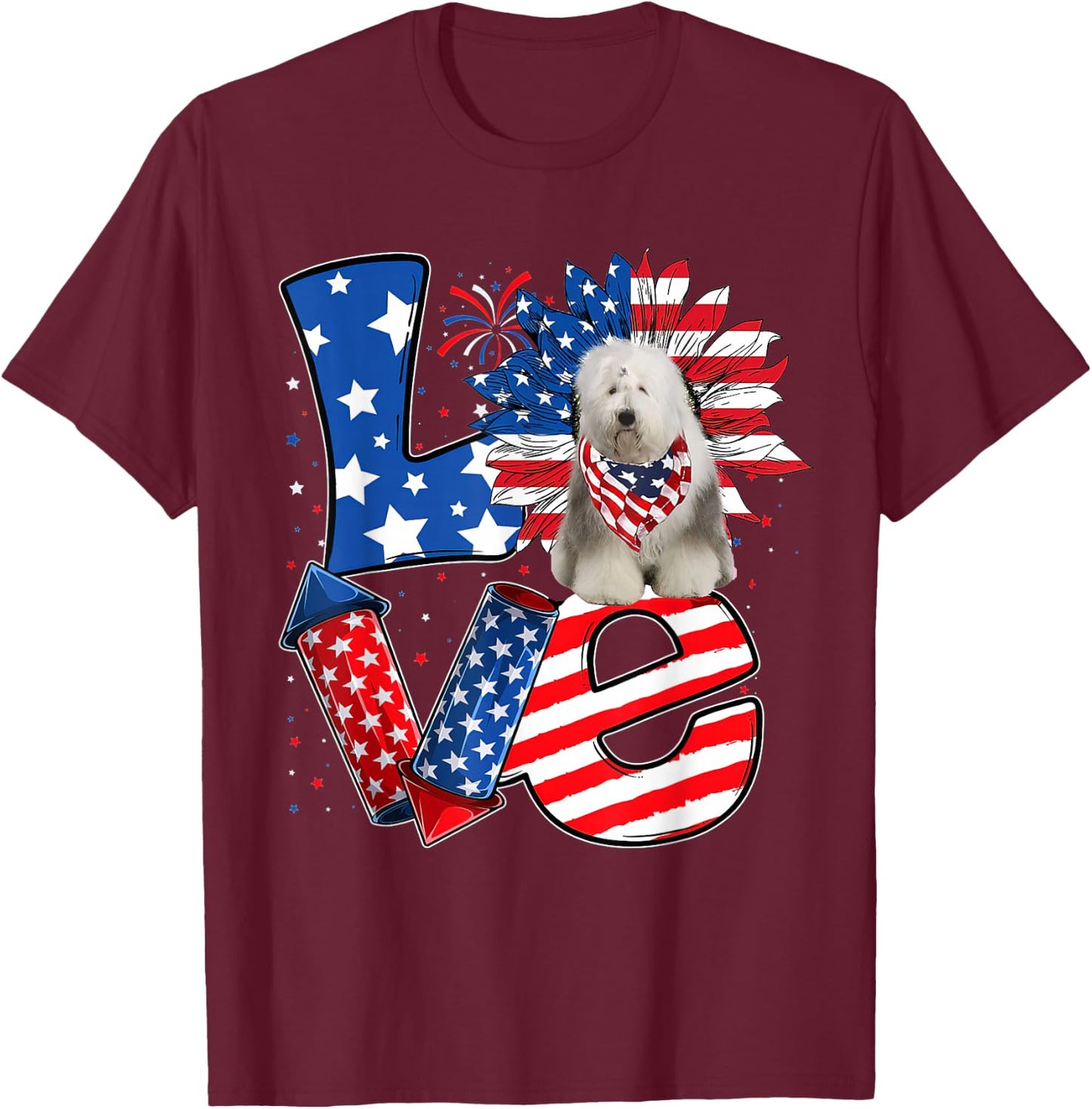 4th of July Decor Patriotic LOVE Old English Sheepdog Dog T-Shirt - T-Shirt | Maroon