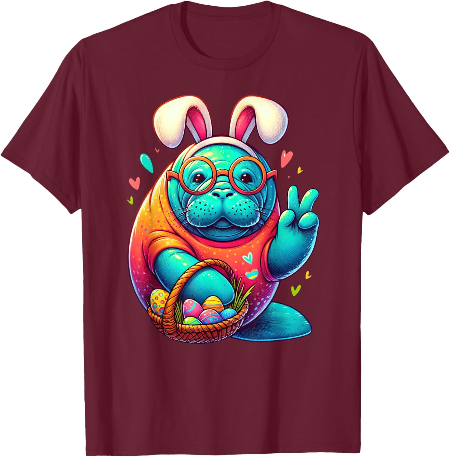 Funny Peace Sign Hand Manatee Easter Manatees T-Shirt - T-Shirt | Maroon