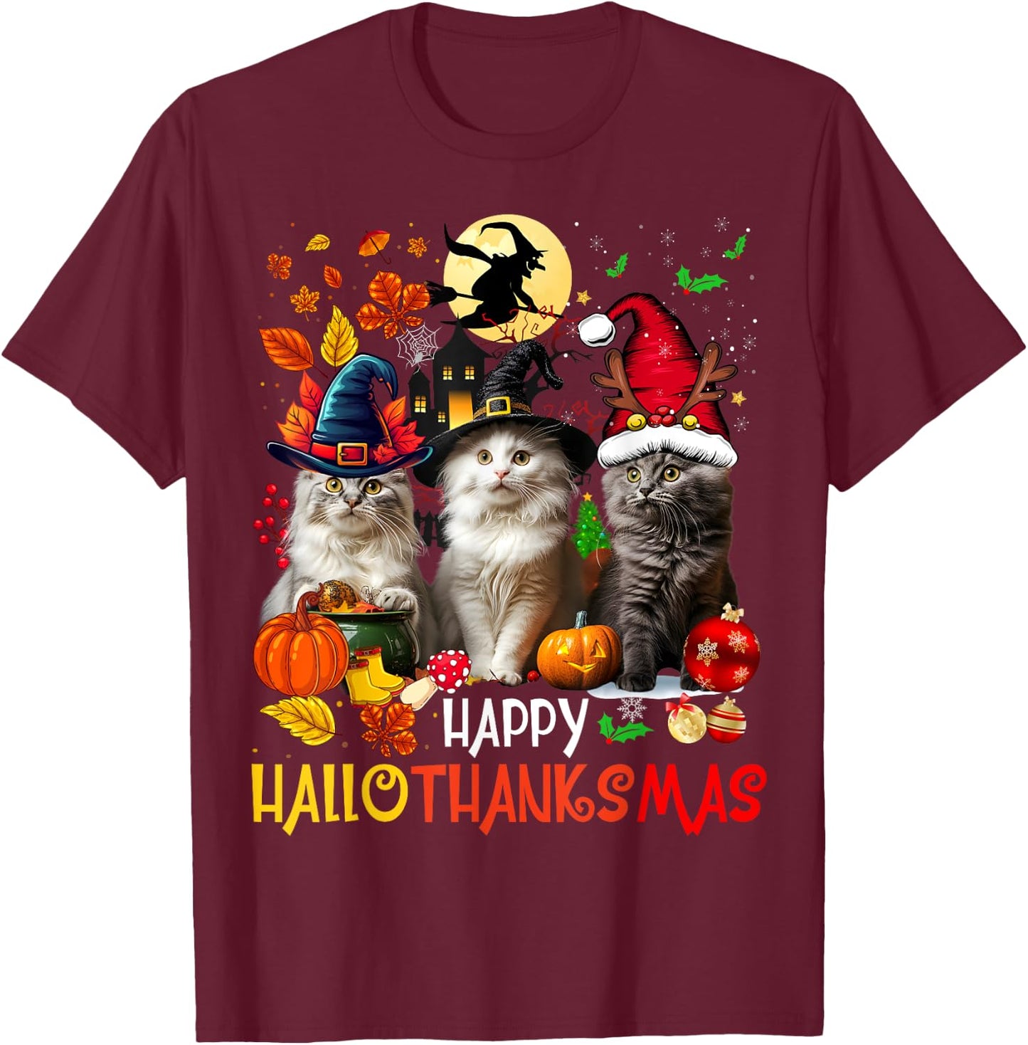 Halloween Thanksgiving Christmas Happy HalloThanksMas Cats T-Shirt - T-Shirt | Maroon