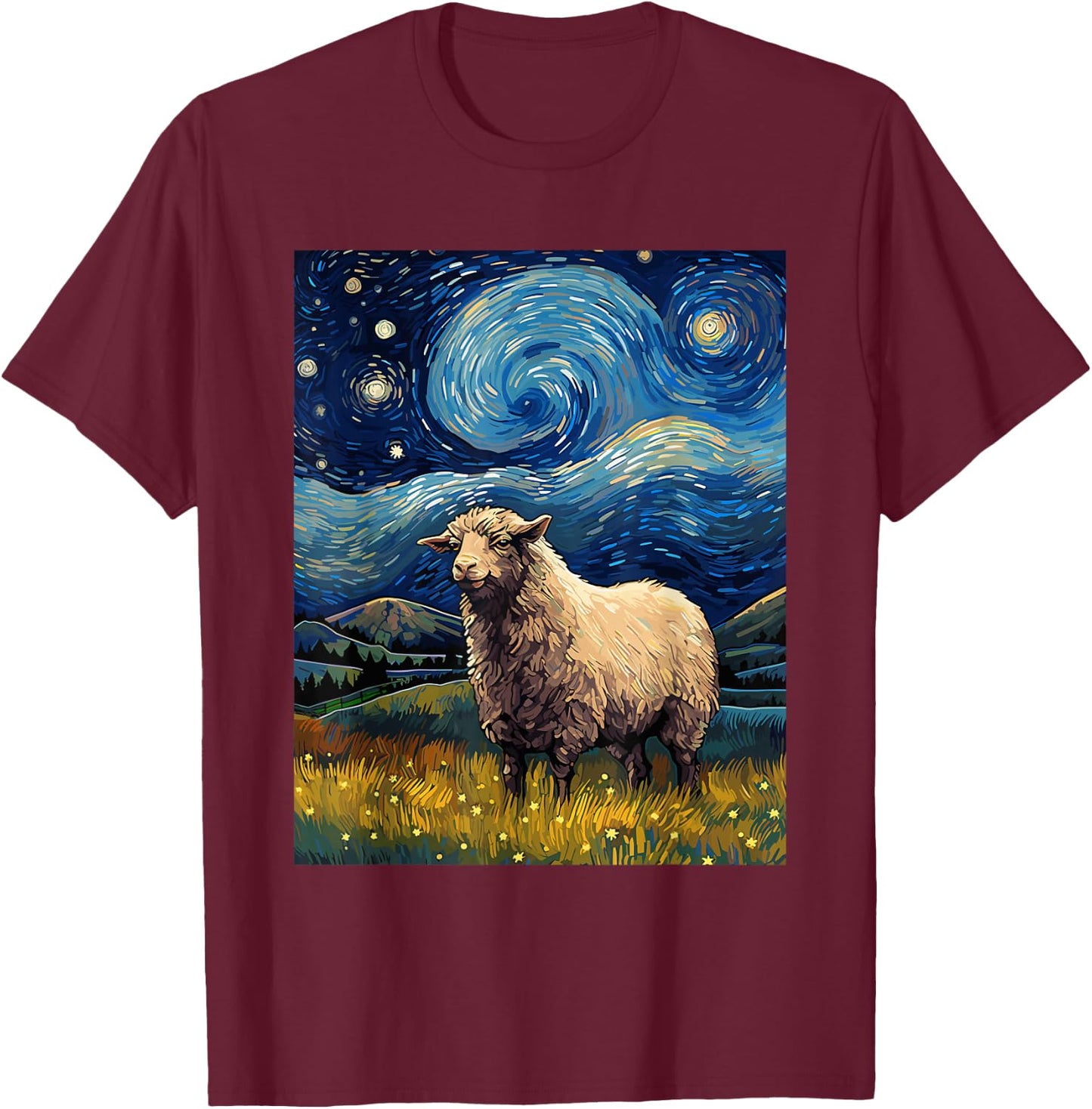 Sheep Starry Night Van Gogh Art Lover T-Shirt - T-Shirt | Maroon