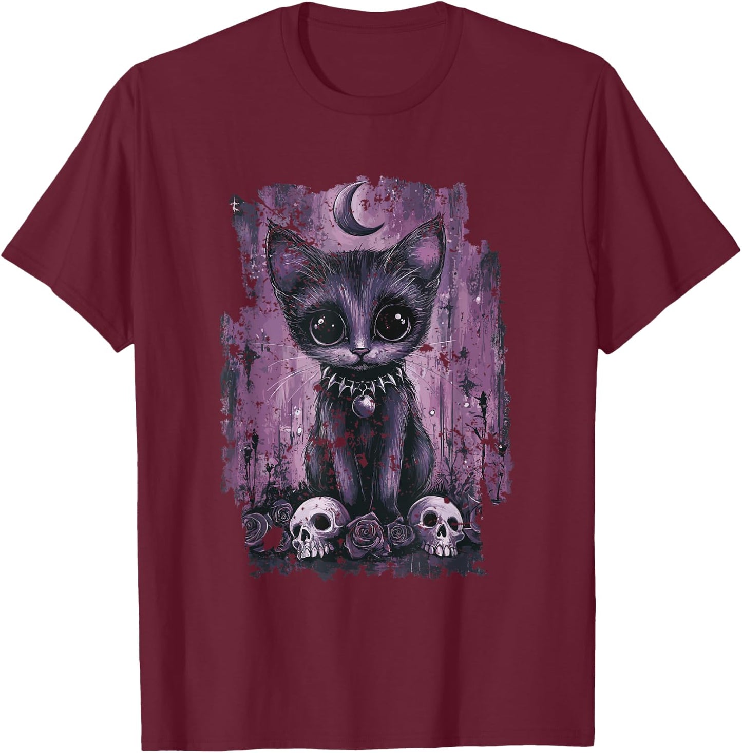 Sweet Gothic Cat , Black, S T-Shirt - T-Shirt | Maroon