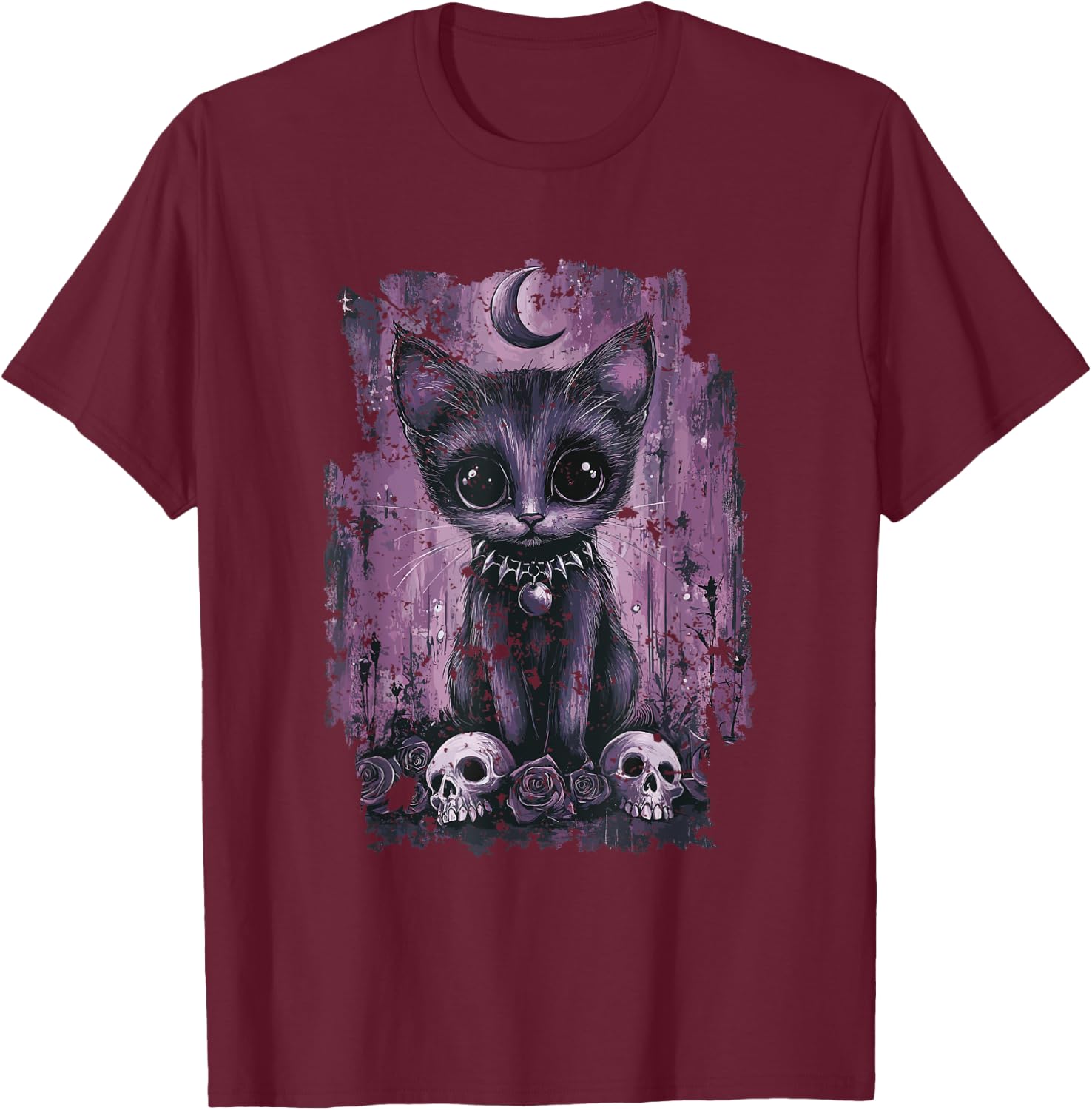 Sweet Gothic Cat , Black, S T-Shirt - T-Shirt | Maroon