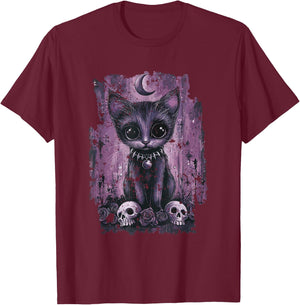Sweet Gothic Cat , Black, S T-Shirt - T-Shirt | Maroon