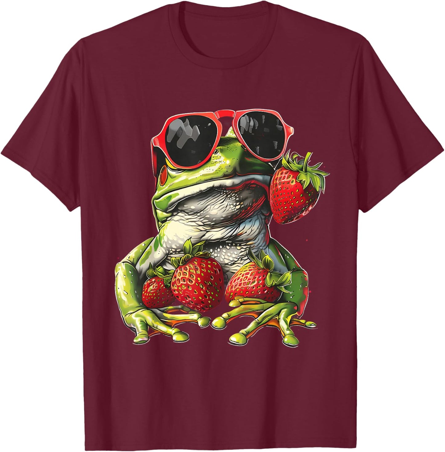 Strawberry Frog Sunglasses Wildlife Artwork Strawberry Fruit T-Shirt - T-Shirt | Maroon