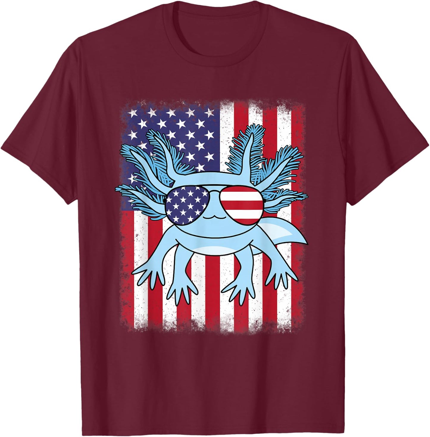 Patriotic Axolotl American Flag Funny Axolotl 4th Of July Women Kids Men T-Shirt - T-Shirt | Maroon