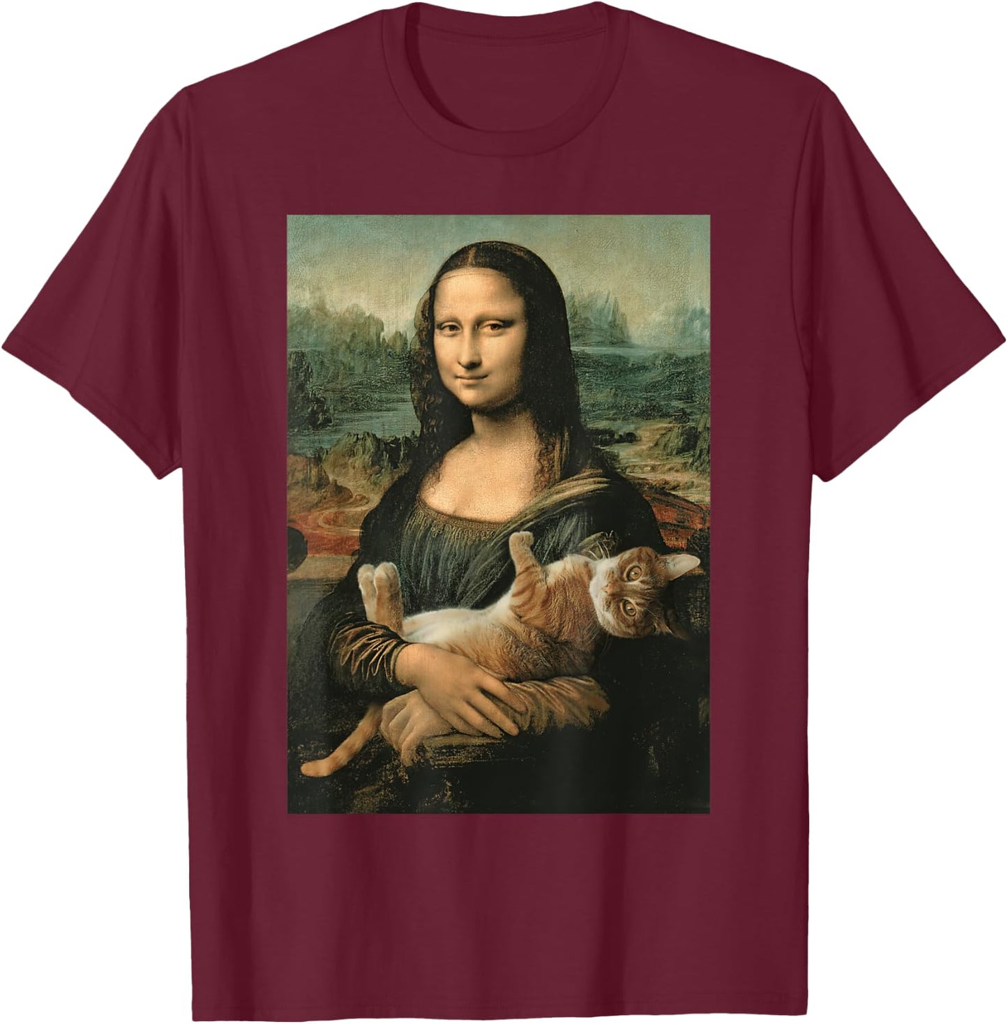 Mona Lisa With Orange Cat Funny Art Painting T-Shirt - T-Shirt | Maroon