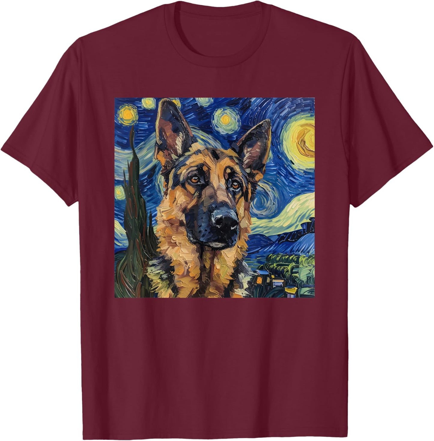 German Shepherd Dog Van Gogh Style Starry Night T-Shirt - T-Shirt | Maroon