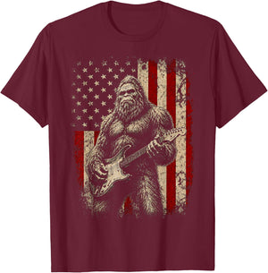 Bigfoot Sasquatch Playing Guitar 4th July American USA Flag T-Shirt - T-Shirt | Maroon