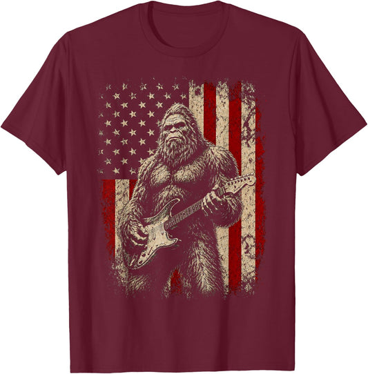 Bigfoot Sasquatch Playing Guitar 4th July American USA Flag T-Shirt - T-Shirt | Maroon