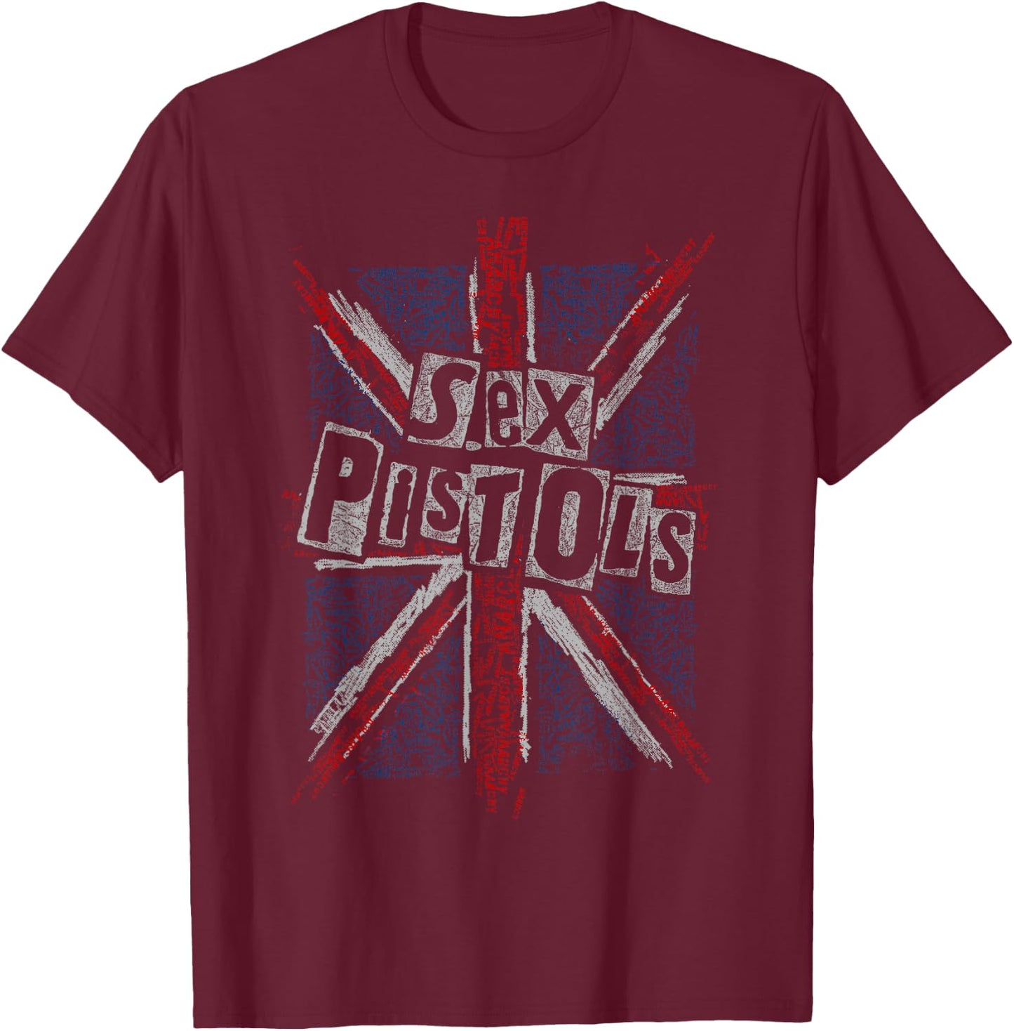 Sex Pistols Official Union Jack Words Small T-Shirt - T-Shirt | Maroon