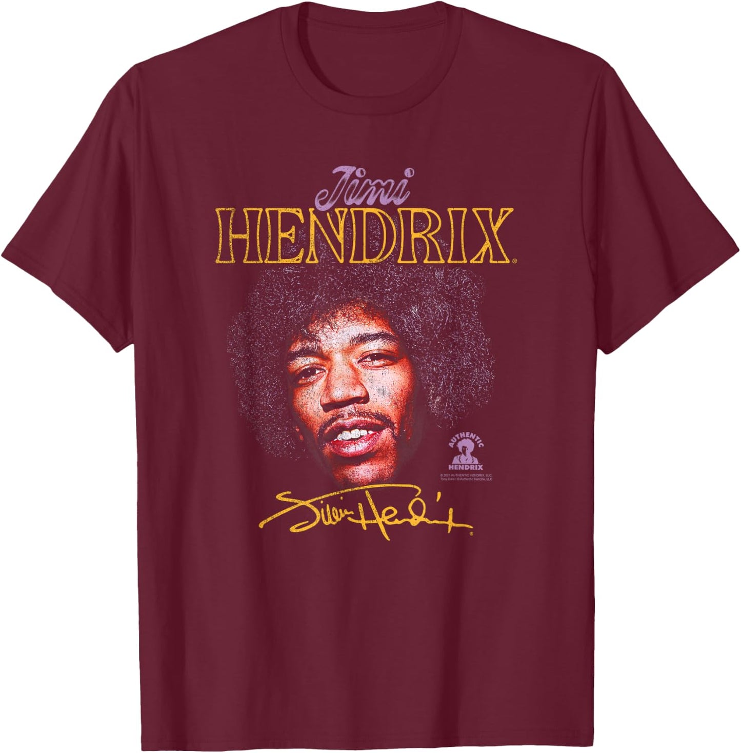Jimi Hendrix Portrait with Signature T-Shirt - T-Shirt | Maroon