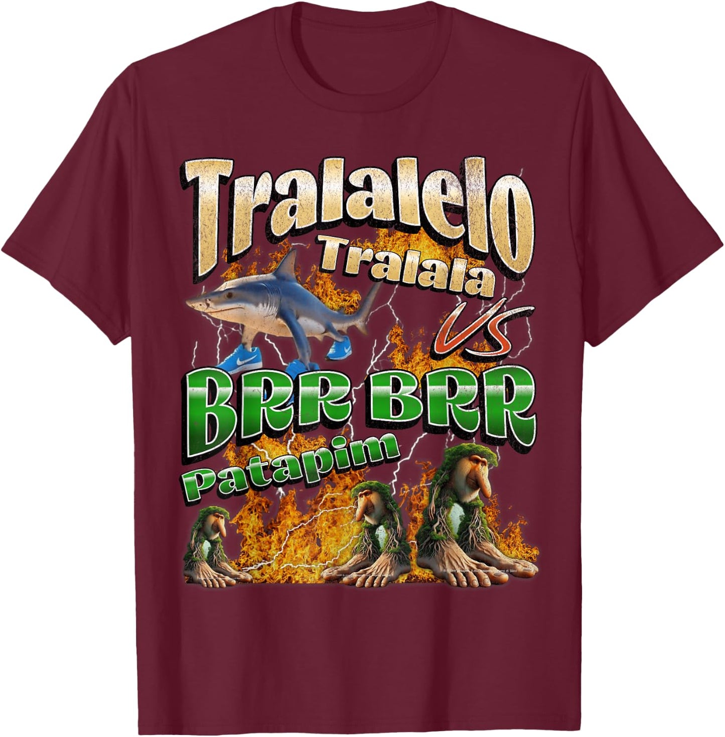 Tralalelo VS Brr Patapim Funny Italian Brainrot Meme Graphic T-Shirt - T-Shirt | Maroon