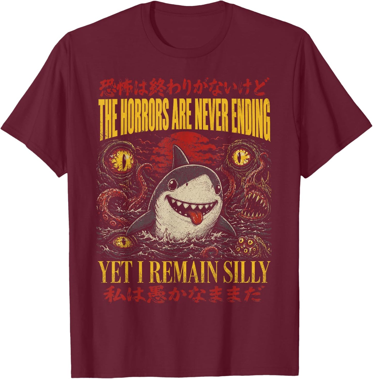 Silly Shark Japanese Horror Occult Meme T-Shirt - T-Shirt | Maroon