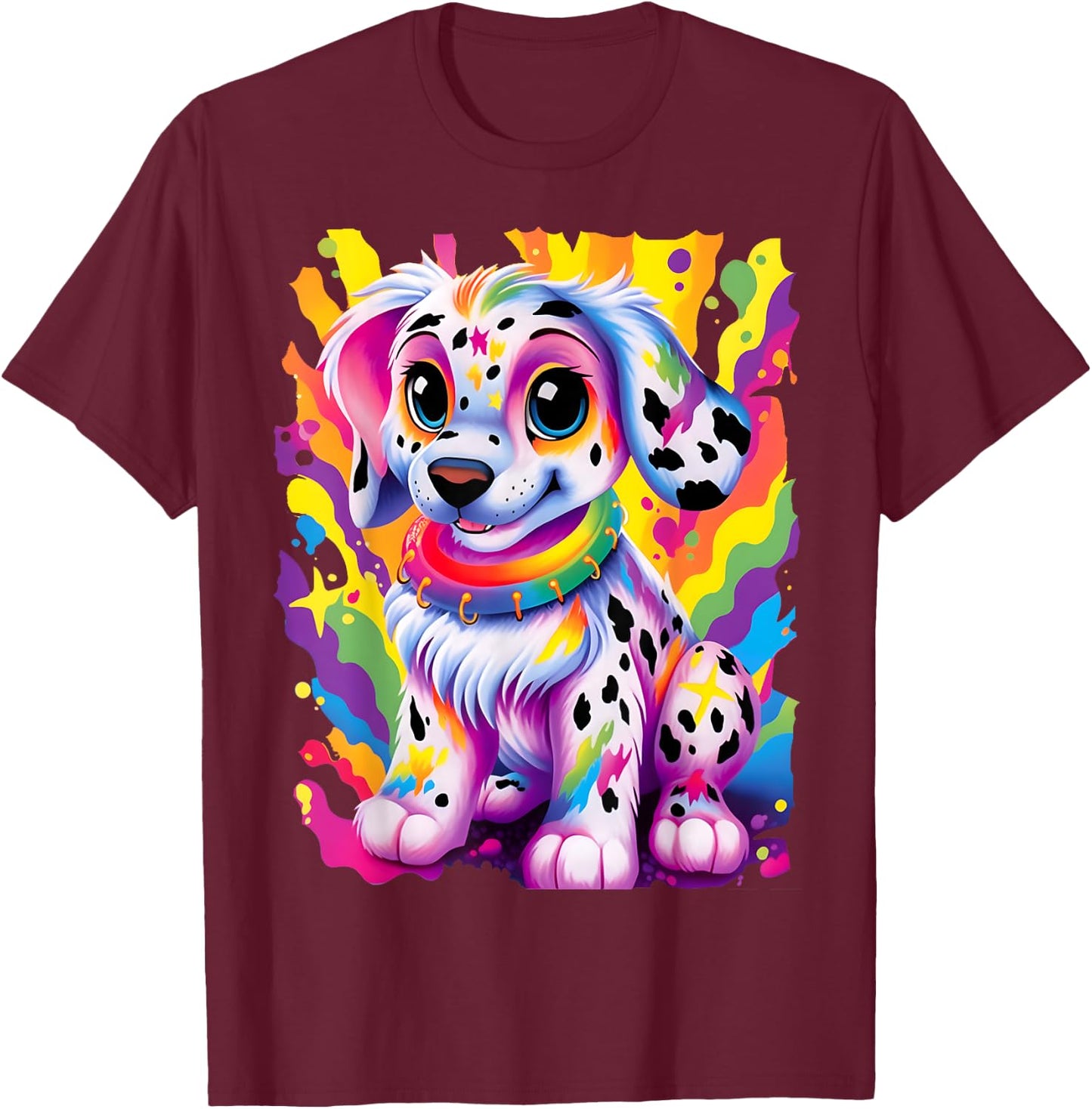 Dalmatian Puppy Colorful Rainbow Vibrant Graphic T-Shirt - T-Shirt | Maroon