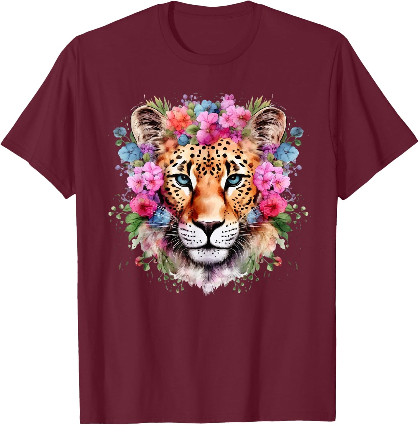 Leopard with Flowers Colorful Floral Leopards Animal Lovers T-Shirt - T-Shirt | Maroon