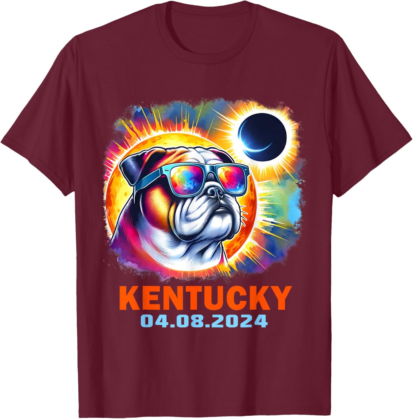 Colorful Bulldog Total Solar Eclipse 2024 Kentucky Men Women Kids T-Shirt - T-Shirt | Maroon