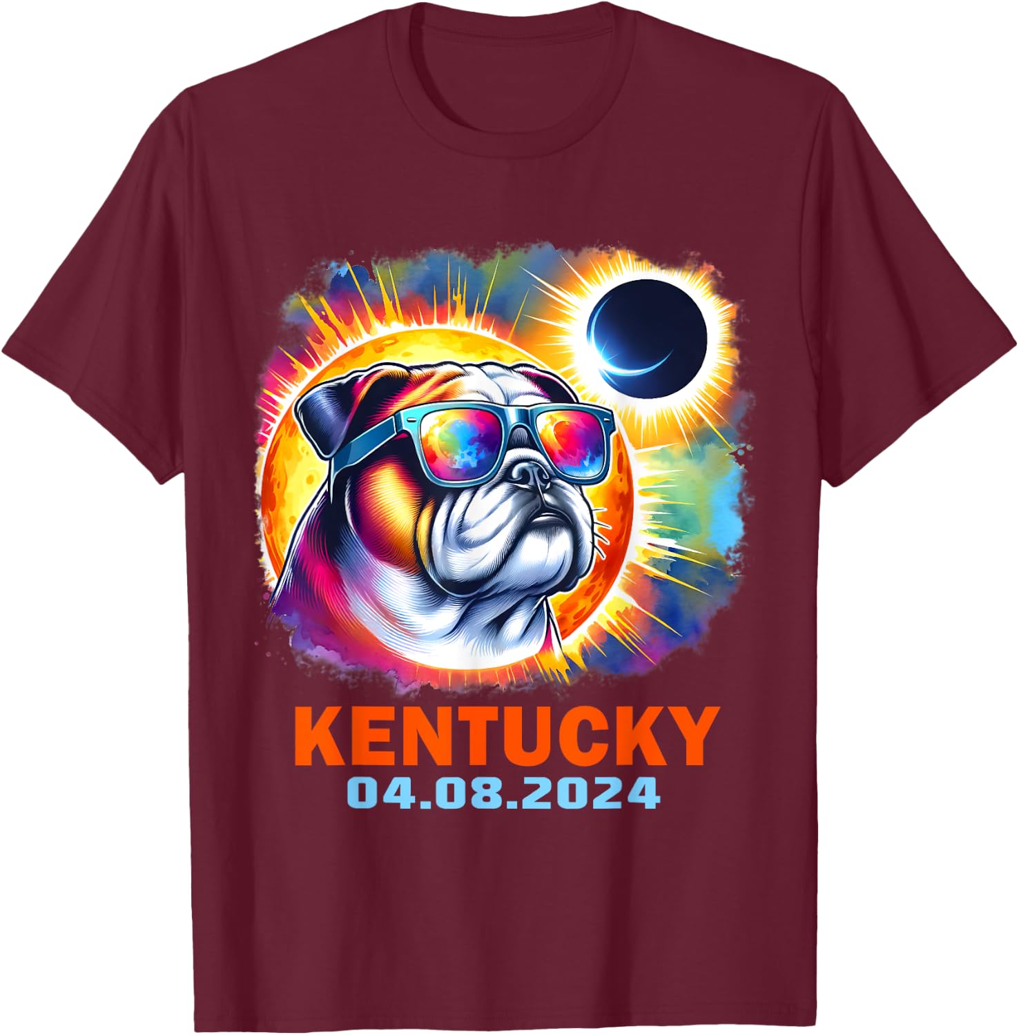 Colorful Bulldog Total Solar Eclipse 2024 Kentucky Men Women Kids T-Shirt - T-Shirt | Maroon
