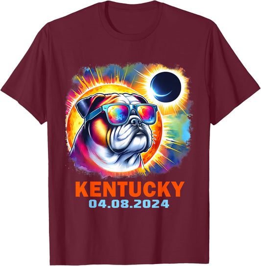 Colorful Bulldog Total Solar Eclipse 2024 Kentucky Men Women Kids T-Shirt - T-Shirt | Maroon