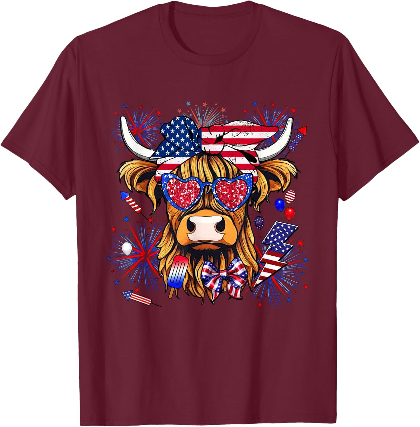 Cow, Scottish Highland Cow, Highland Cow, 4th of July T-Shirt - T-Shirt | Maroon
