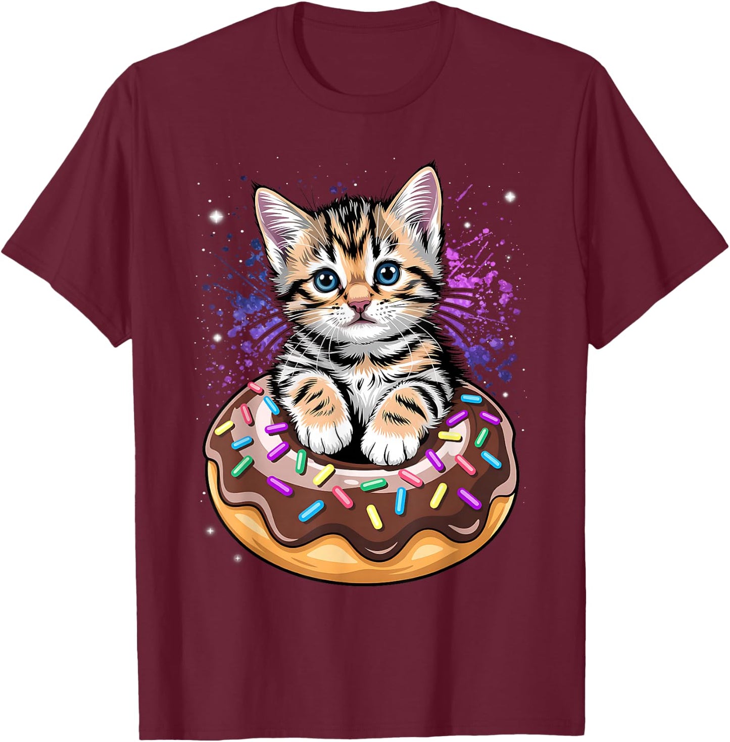 Space Donut Cat | Flying Kitty Galaxy T-Shirt - T-Shirt | Maroon
