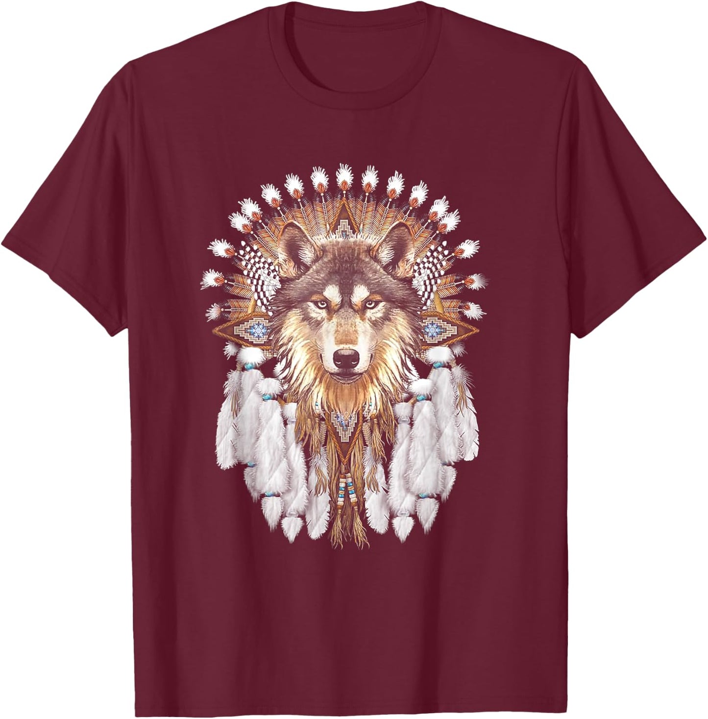 Native American Wolf Feather T-Shirt - T-Shirt | Maroon