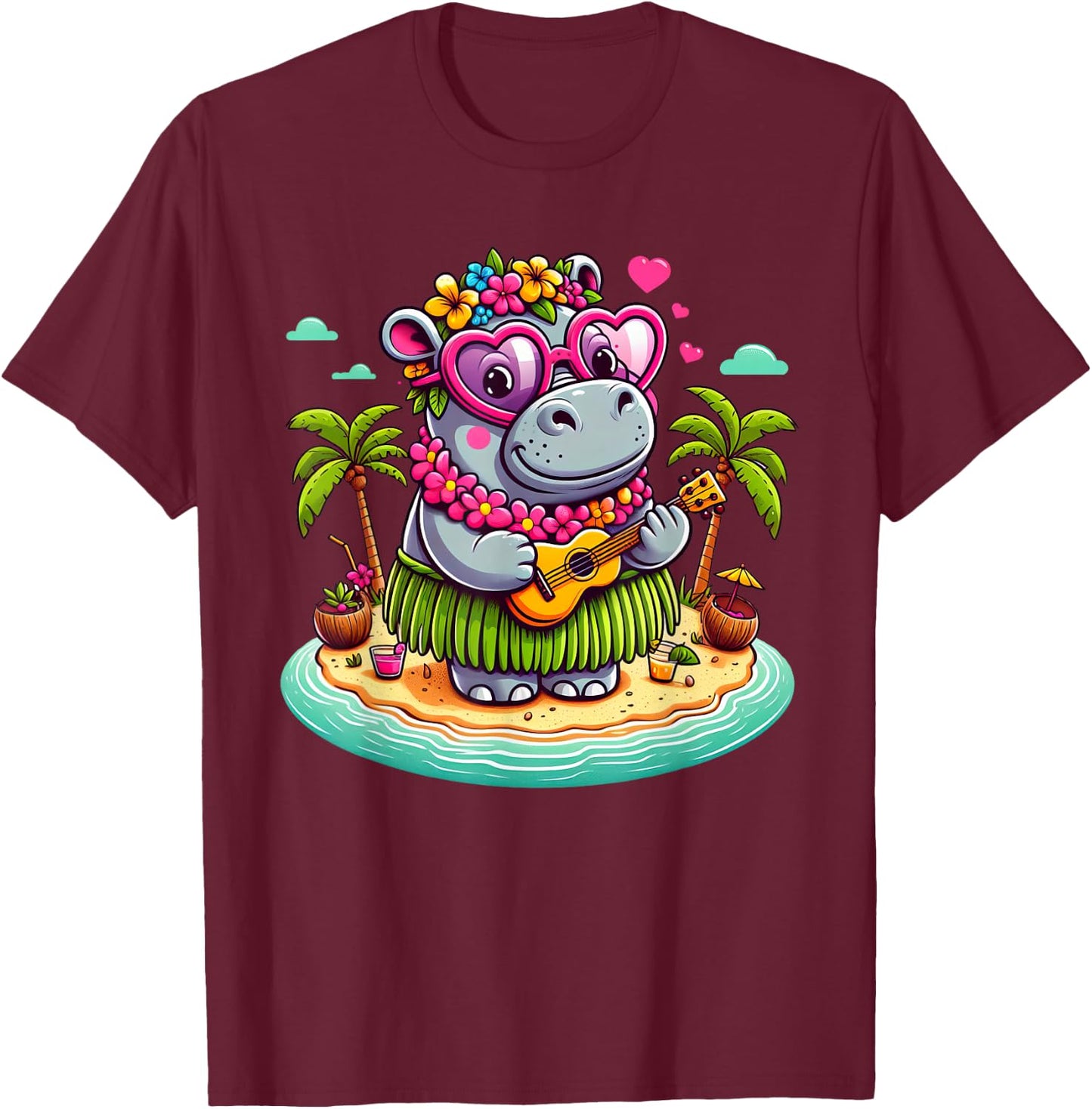 Funny Hippo Hawaiian Costume Kids Summer Vacation Hippo T-Shirt - T-Shirt | Maroon