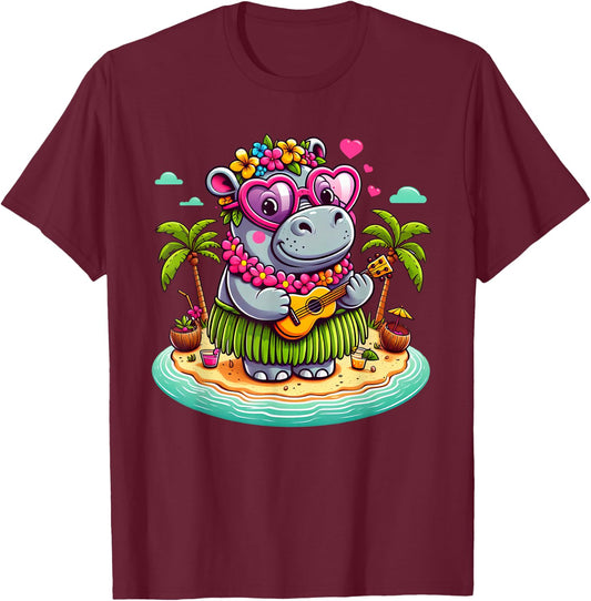 Funny Hippo Hawaiian Costume Kids Summer Vacation Hippo T-Shirt - T-Shirt | Maroon