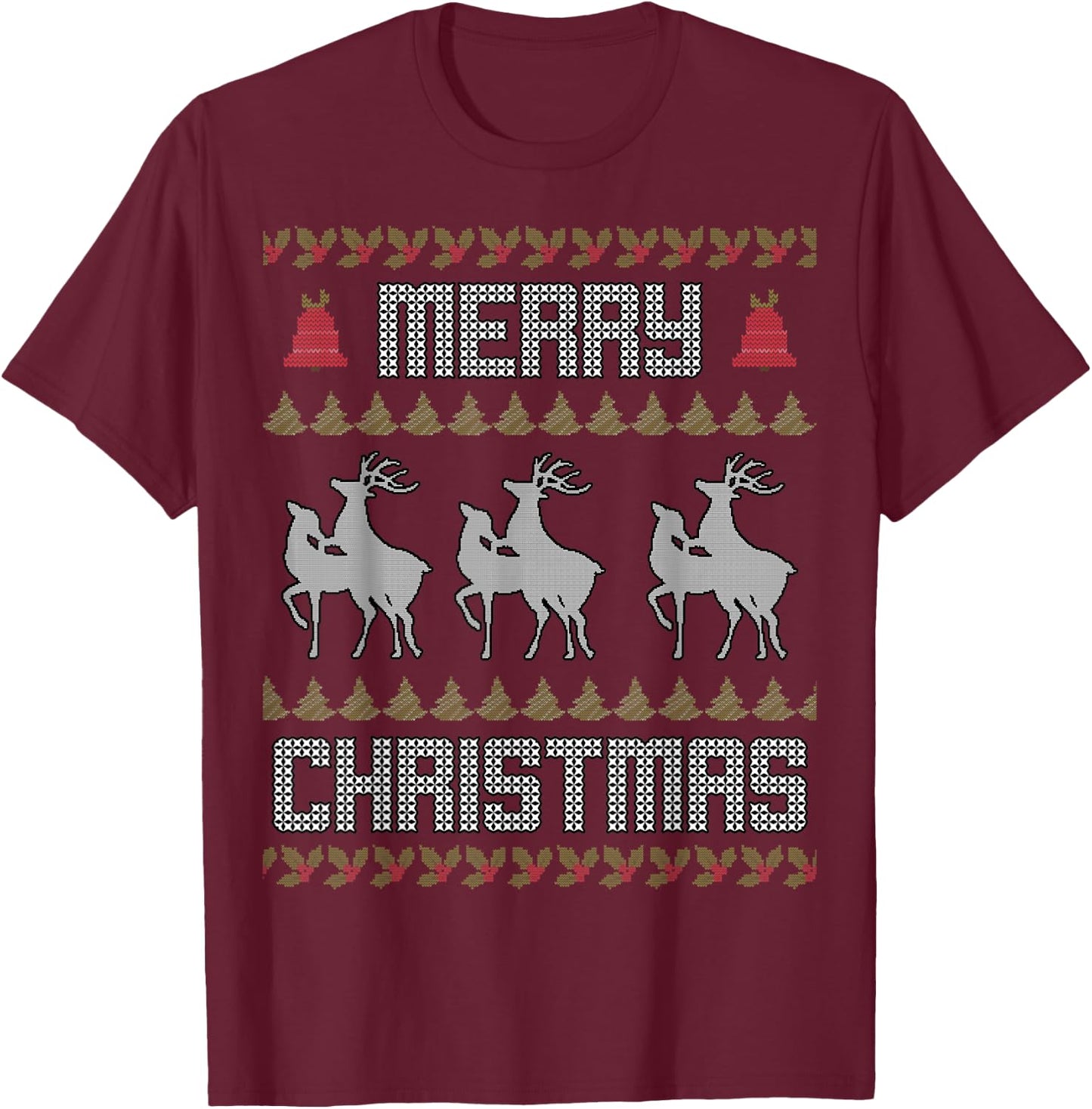 Merry Christmas Deers Humping Funny Holiday Reindeer T-Shirt - T-Shirt | Maroon