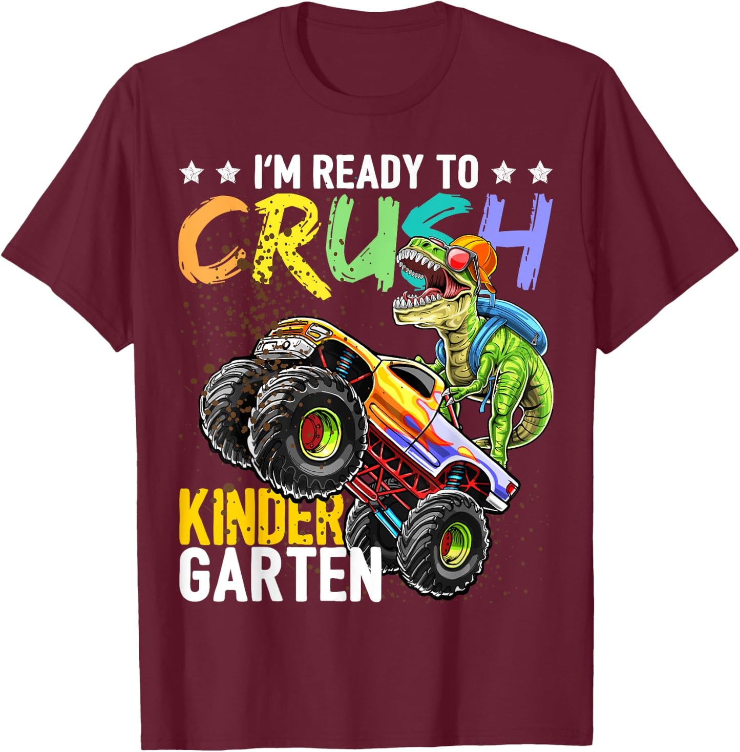 Kindergarten Dinosaur Monster Truck Back to School Boys Gift T-Shirt - T-Shirt | Maroon