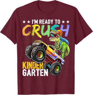Kindergarten Dinosaur Monster Truck Back to School Boys Gift T-Shirt - T-Shirt | Maroon