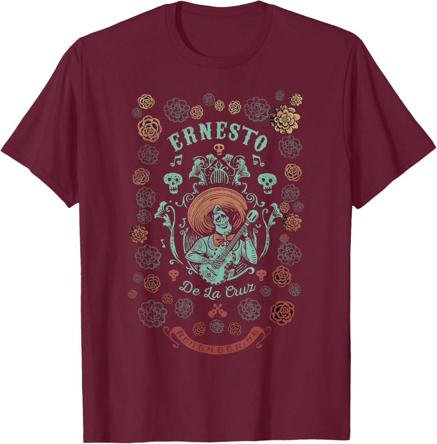 Disney Pixar Coco Ernesto Remember Me Floral Style T-Shirt - T-Shirt | Maroon