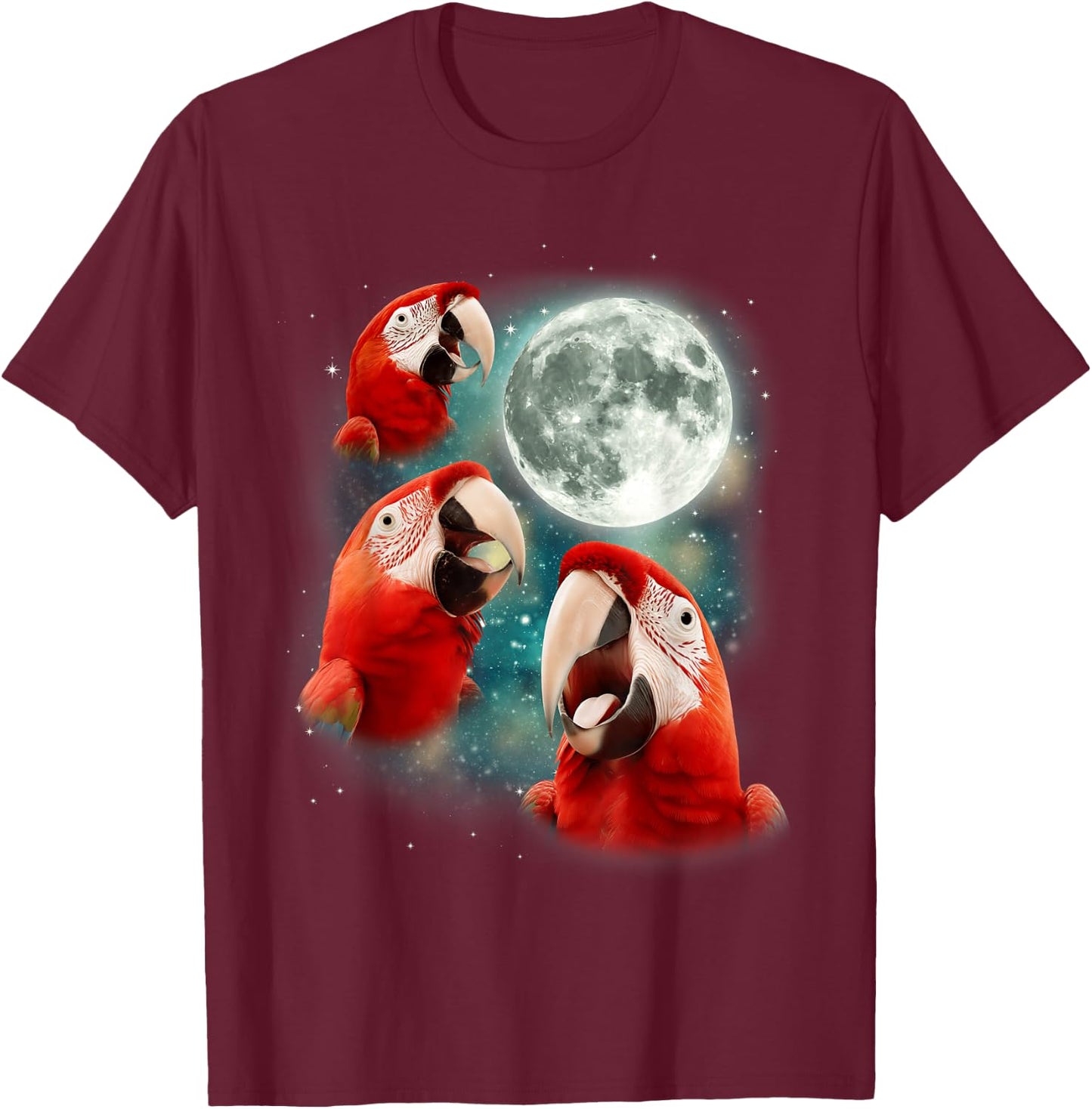 Three Parrot Moon | 3 Parrot Funny Weird Cursed Meme T-Shirt - T-Shirt | Maroon