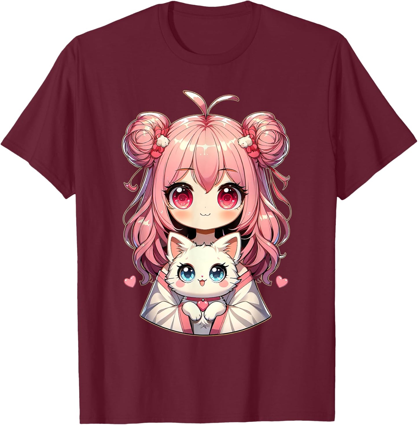 Anime Cute Cat Lovers Kawaii Manga Otaku Anime Girl Pink , Black, S T-Shirt - T-Shirt | Maroon