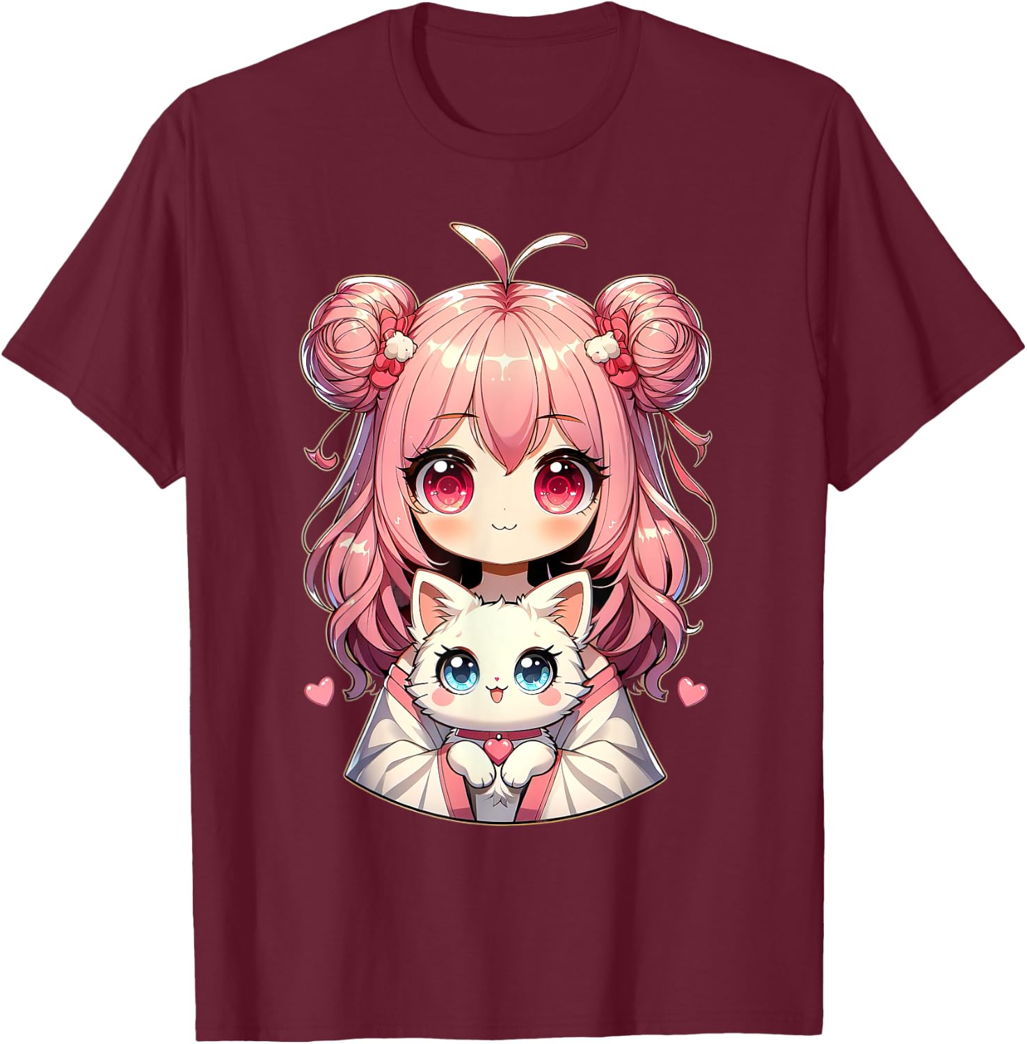 Anime Cute Cat Lovers Kawaii Manga Otaku Anime Girl Pink , Black, S T-Shirt - T-Shirt | Maroon