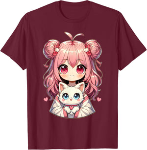 Anime Cute Cat Lovers Kawaii Manga Otaku Anime Girl Pink , Black, S T-Shirt - T-Shirt | Maroon