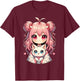 Anime Cute Cat Lovers Kawaii Manga Otaku Anime Girl Pink , Black, S T-Shirt - T-Shirt | Maroon