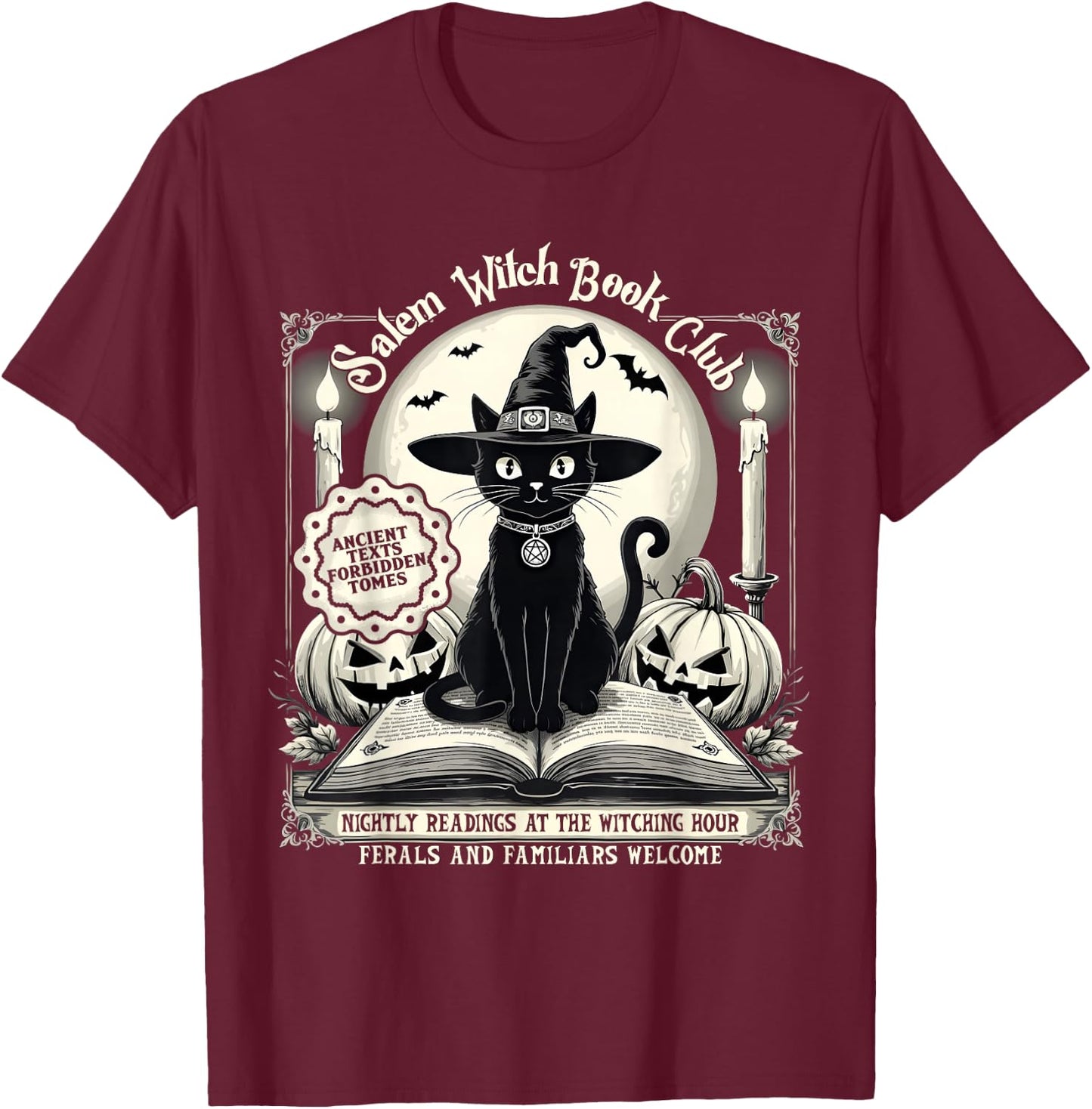 Salem Witch Book Club Vintage Halloween Cat Noir Book Lover T-Shirt - T-Shirt | Maroon