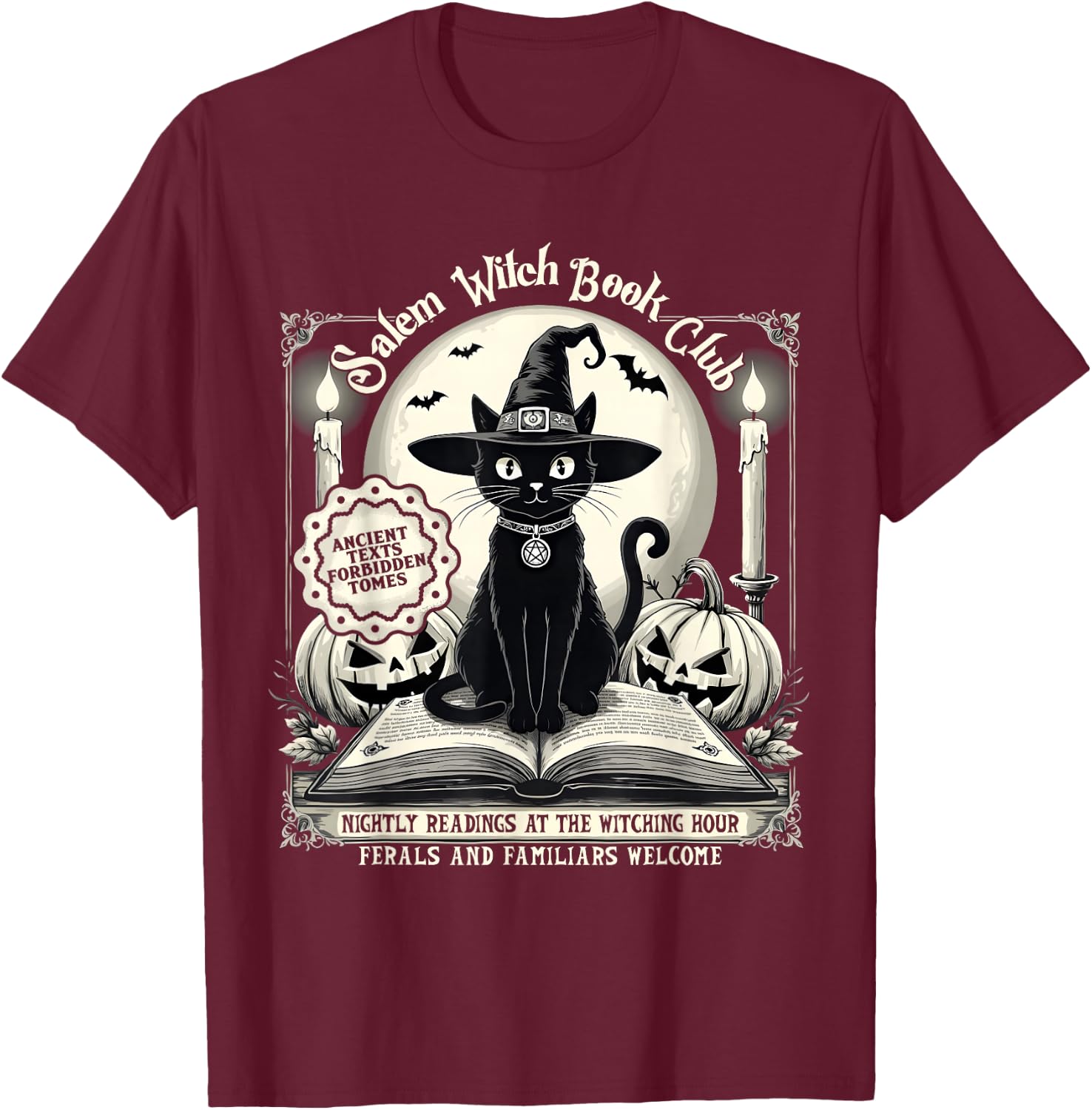 Salem Witch Book Club Vintage Halloween Cat Noir Book Lover T-Shirt - T-Shirt | Maroon