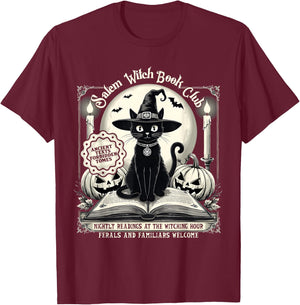 Salem Witch Book Club Vintage Halloween Cat Noir Book Lover T-Shirt - T-Shirt | Maroon