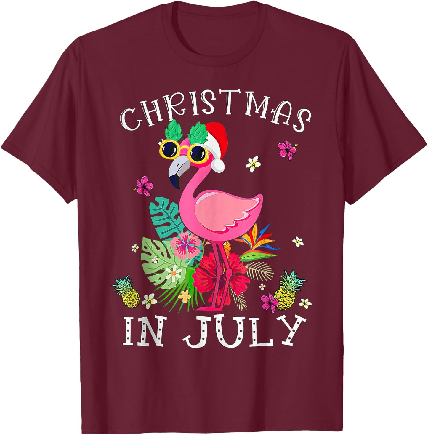 Christmas in July Pink Flamingo Hawaii T-Shirt - T-Shirt | Maroon