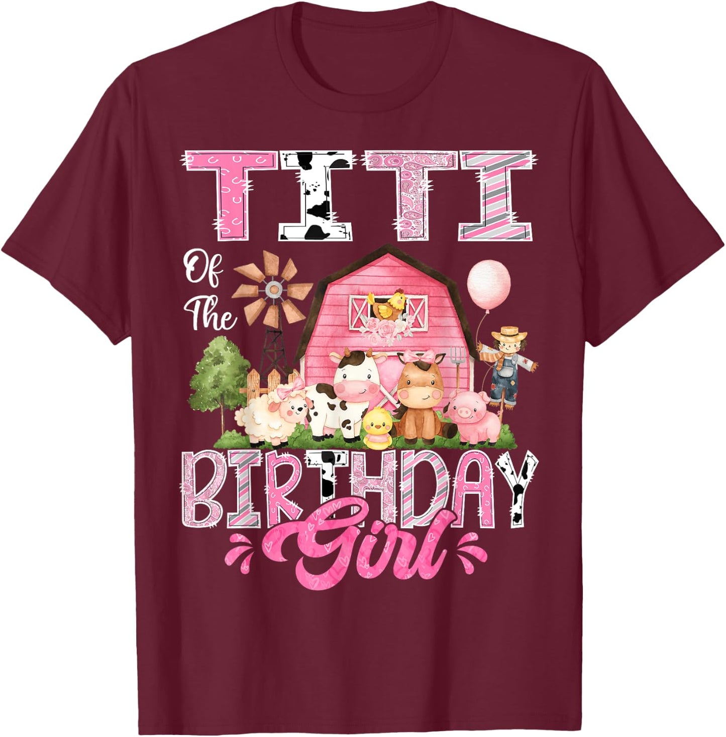 Titi Of The Birthday Girl Pink Farm Cow First Birthday T-Shirt - T-Shirt | Maroon