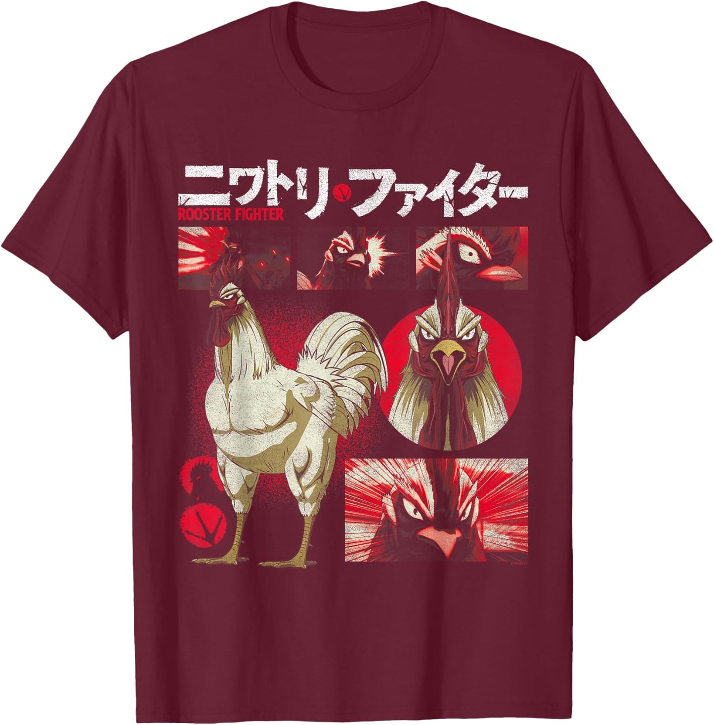 Rooster Fighter Keiji Collage Red Tone Action Anime T-Shirt - T-Shirt | Maroon